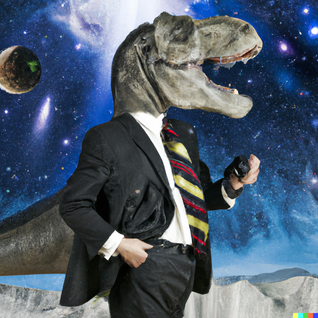 Innovation or Extinction, that's the question! 1 DALL·E 2023-01-23 17.00.04 - dinosaur, dressed like a S&P500 CEO with big meteor coming down from the sky
